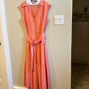 Intermix cotton drop waist self belted ruffle bottom shirt dress